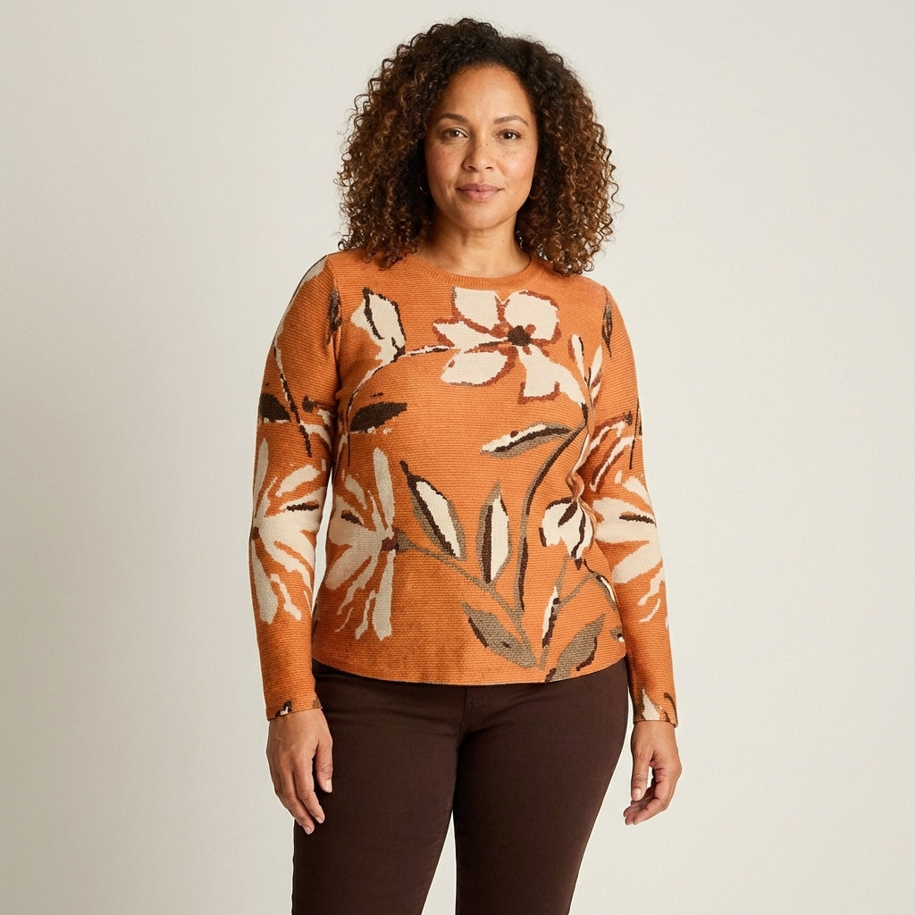 Polera Terracota Lanilla Gruesa Manga Larga Estampada